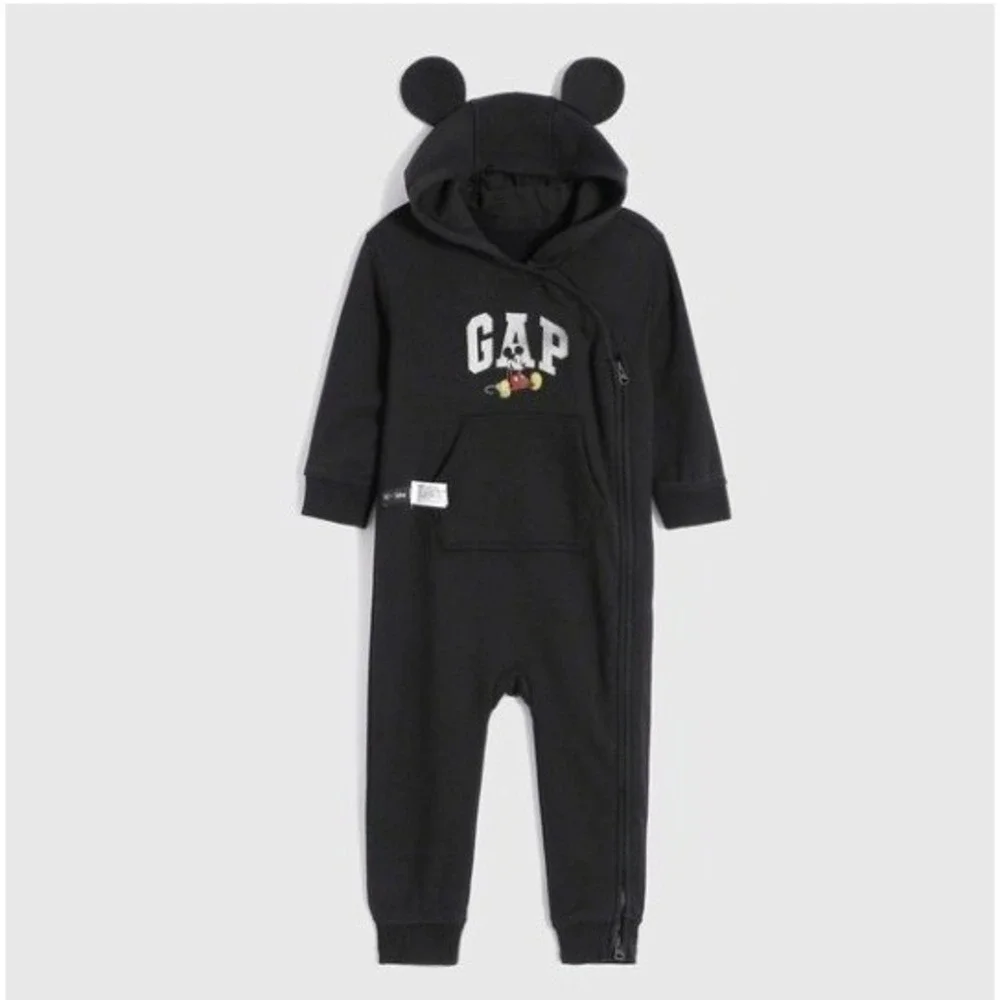 Gap x Disney Mickey Mouse Ear Hooded Romper Black Baby 3-6 Months Jumpsuit